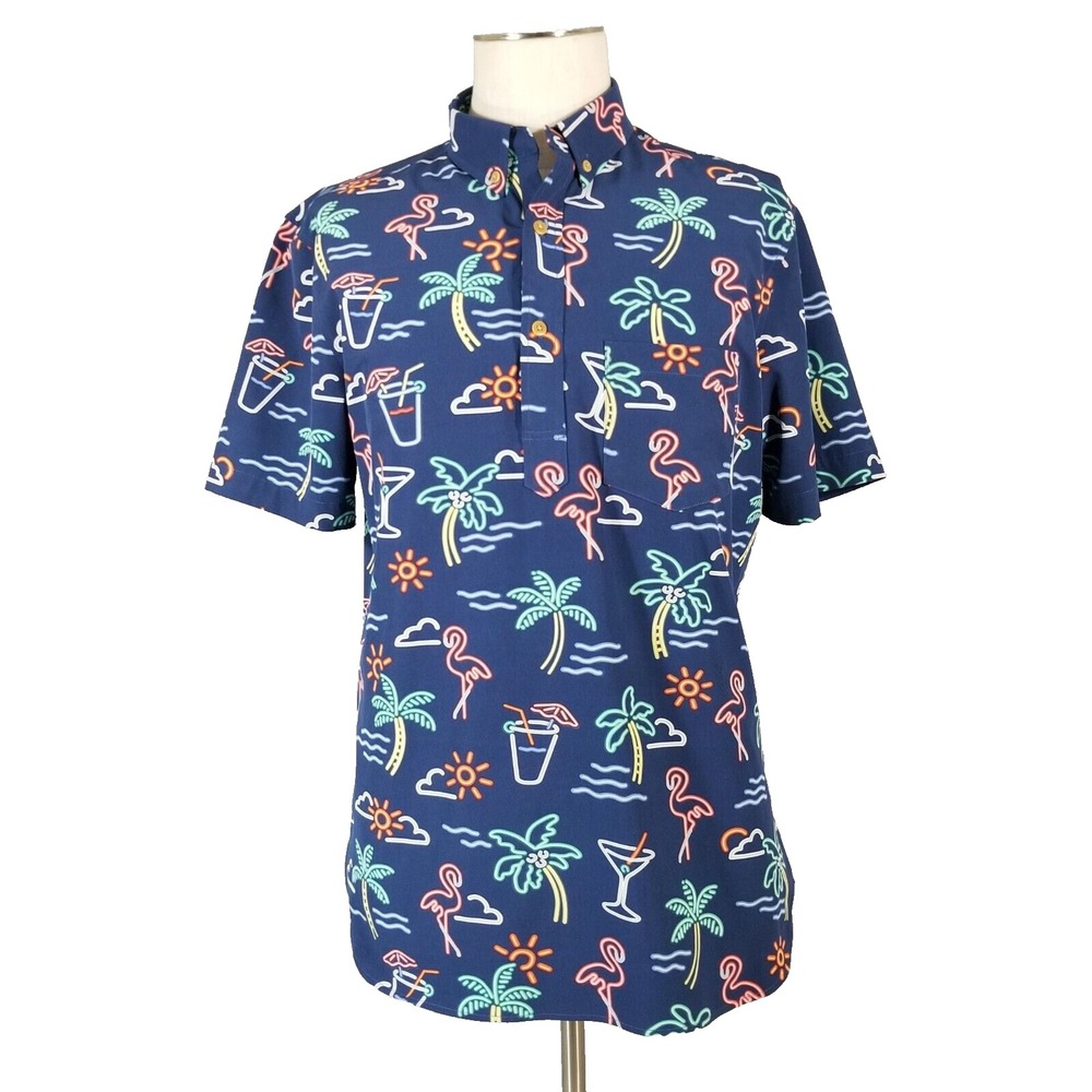 Chubbies Polo Shirt Men Large Blue The Nutter Hawaiian Flamingo Tropical Neon
